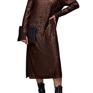 All Saints Brown Sequin Long-Sleeve Midi Dress